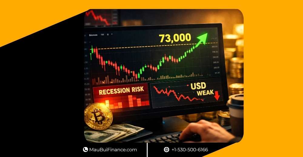 Bitcoin áp sát 73,000 USD, rủi ro suy thoái và đồng USD yếu tiếp sức đà tăng