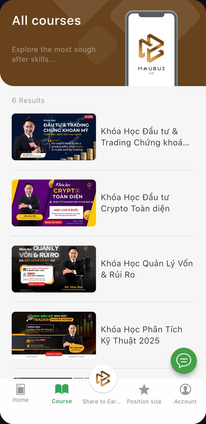Course library in the Mau Bui Finance app