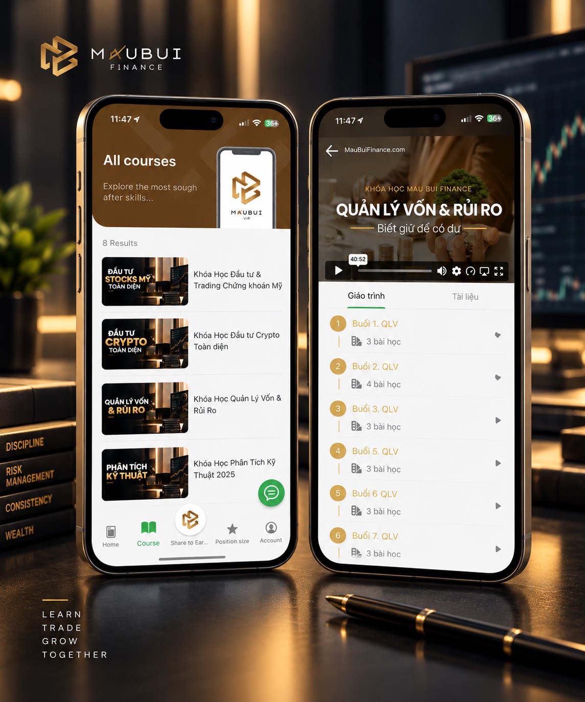 Ứng dụng Mau Bui Finance — giáo trình lớp Quản Lý Vốn & Rủi Ro chia theo từng buổi